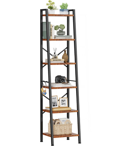 Furologee 6 Tier Ladder Shelf front view highlights rustic wood and black metal for space-saving storage