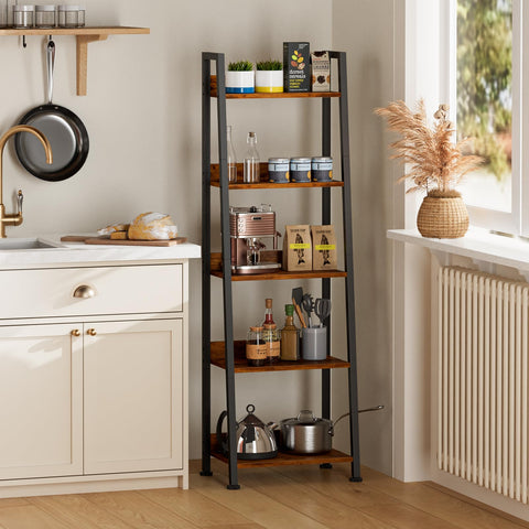 Furologee ladder shelf organizing books and decor across multiple tiers