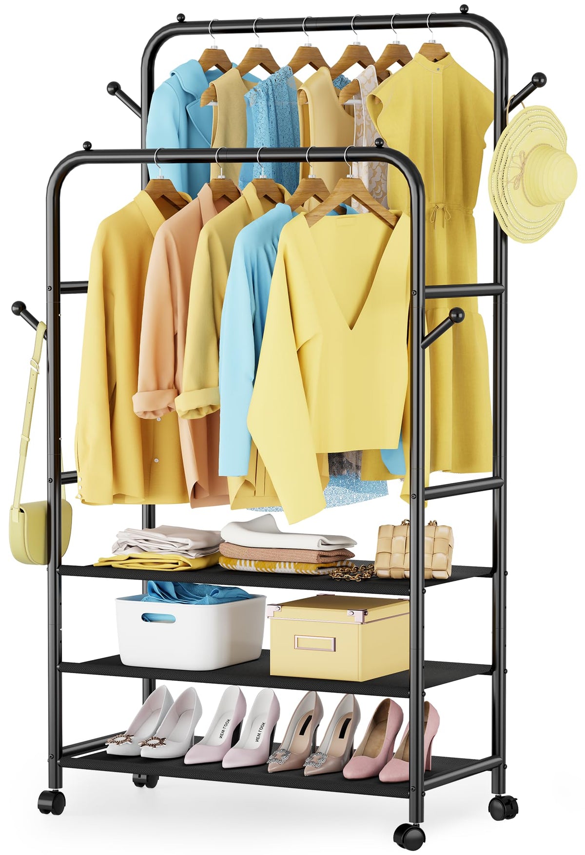 Furologee clothes rack with double rods provides ample hanging space for coats and shirts.