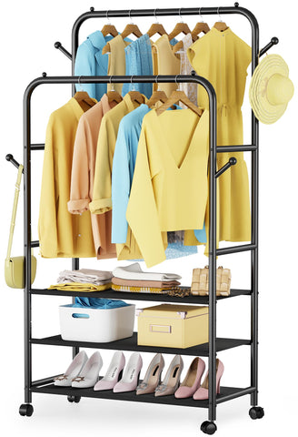 Furologee clothes rack with double rods provides ample hanging space for coats and shirts.