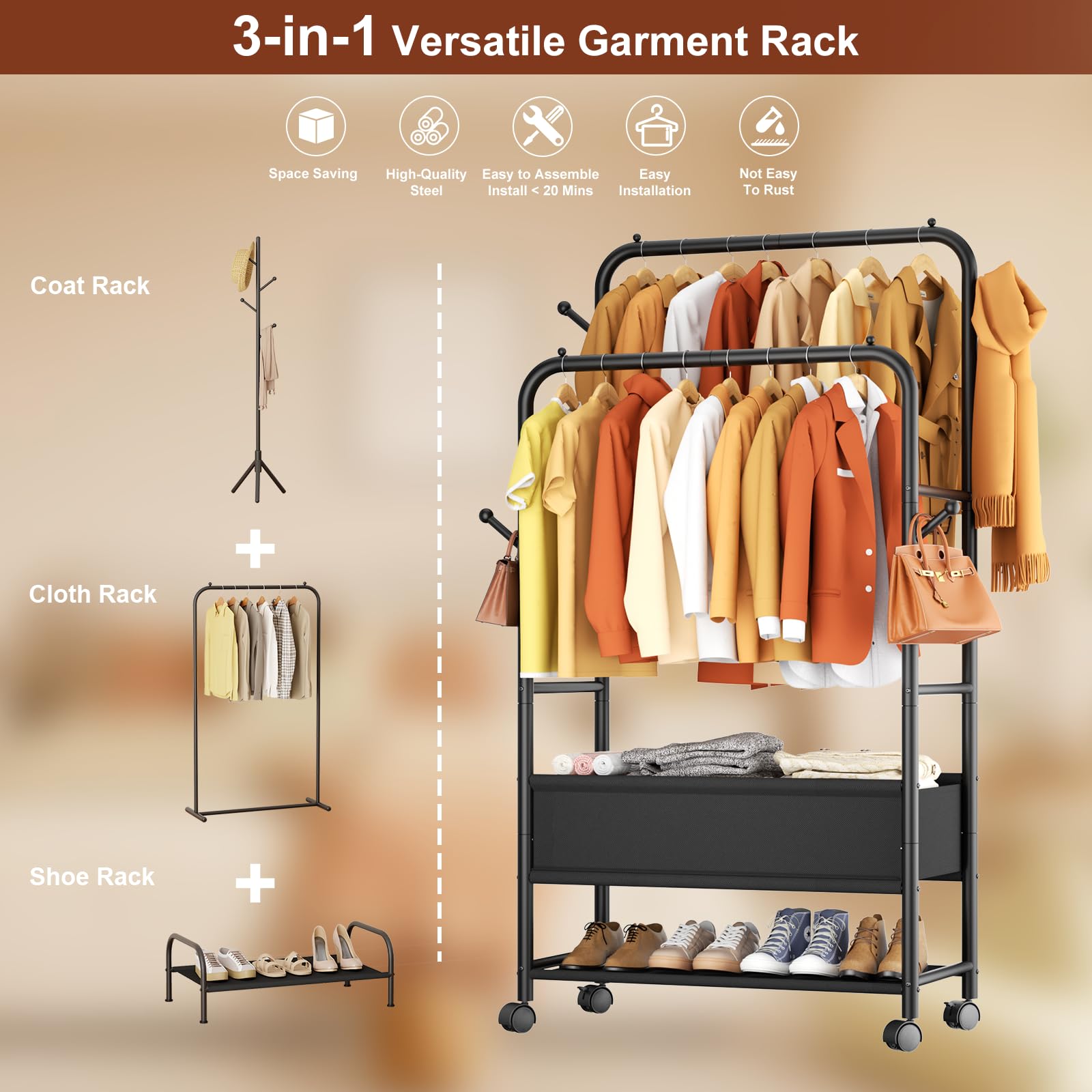 Furologee side hooks offer extra space for bags and accessories.