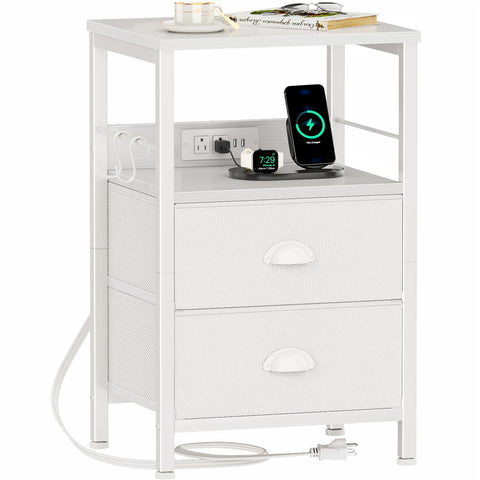 Furologee end table with charging station and outlets beside a bed for easy device charging
