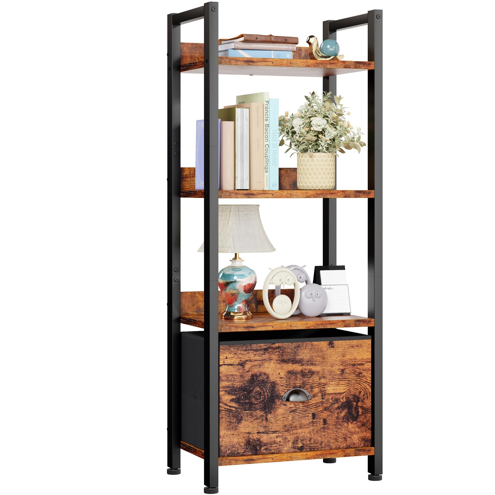Furologee four-tier bookcase with drawer provides easy storage for books and decor.