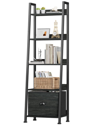 Furologee ladder shelf with 5-tier drawer keeps books organized and clutter hidden.