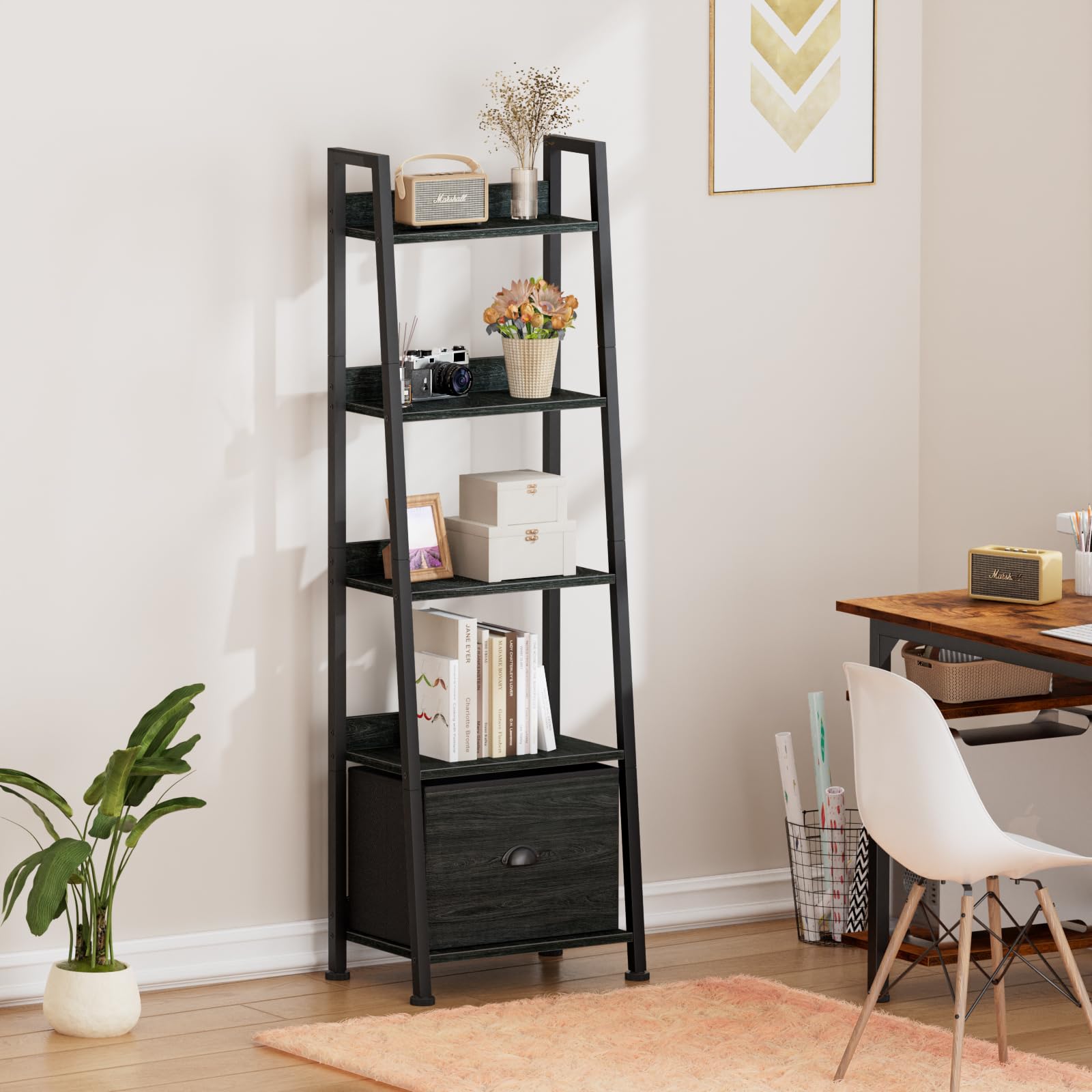 Furologee ladder shelf has adjustable feet to balance on uneven floors.