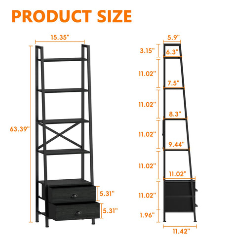 Furologee industrial ladder shelf with black metal frame and wood shelves.