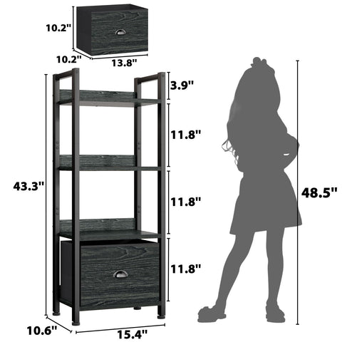 Furologee narrow bookcase side angle shows metal frame and slim footprint