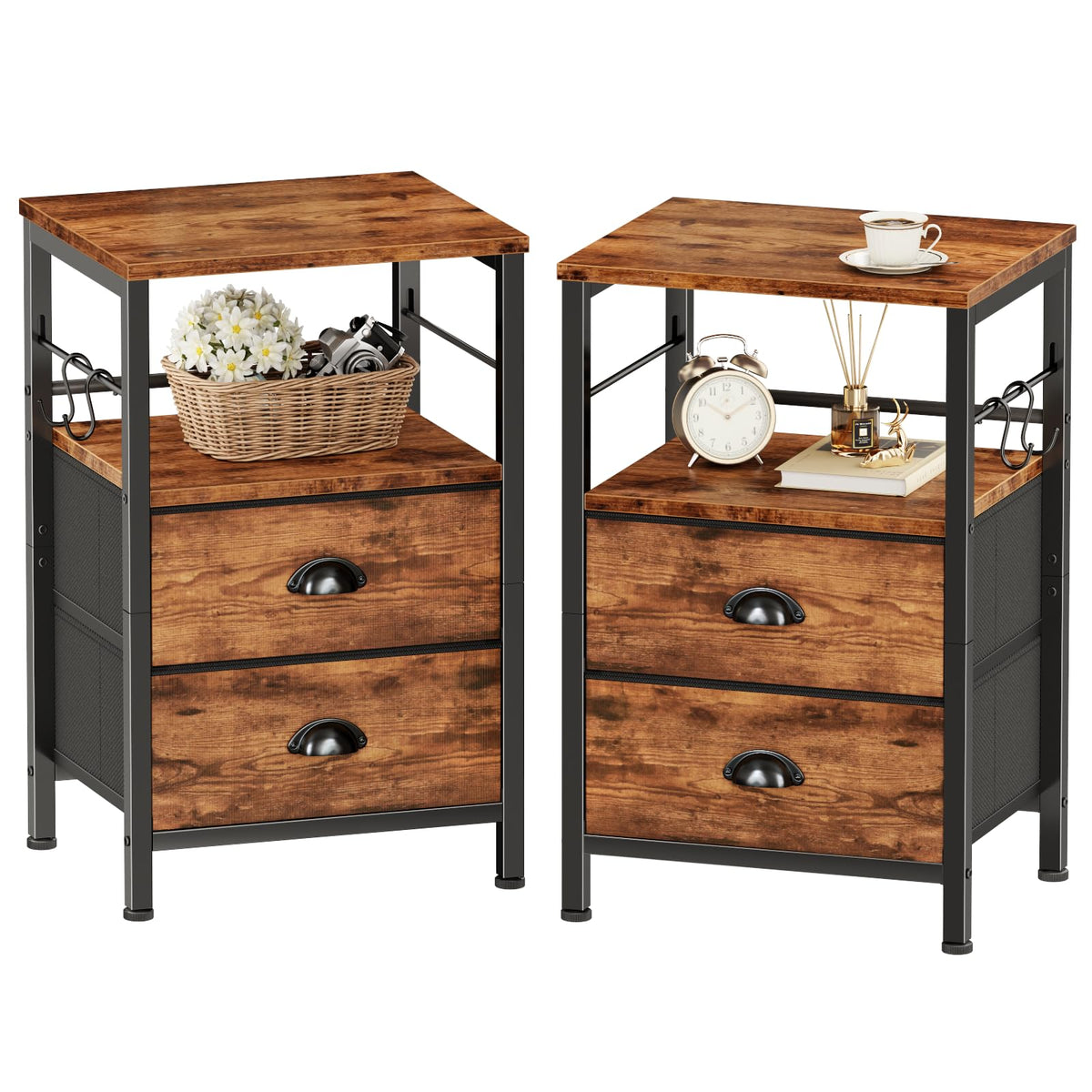 Furologee night stand with brown wood top and open shelf for bedside essentials.