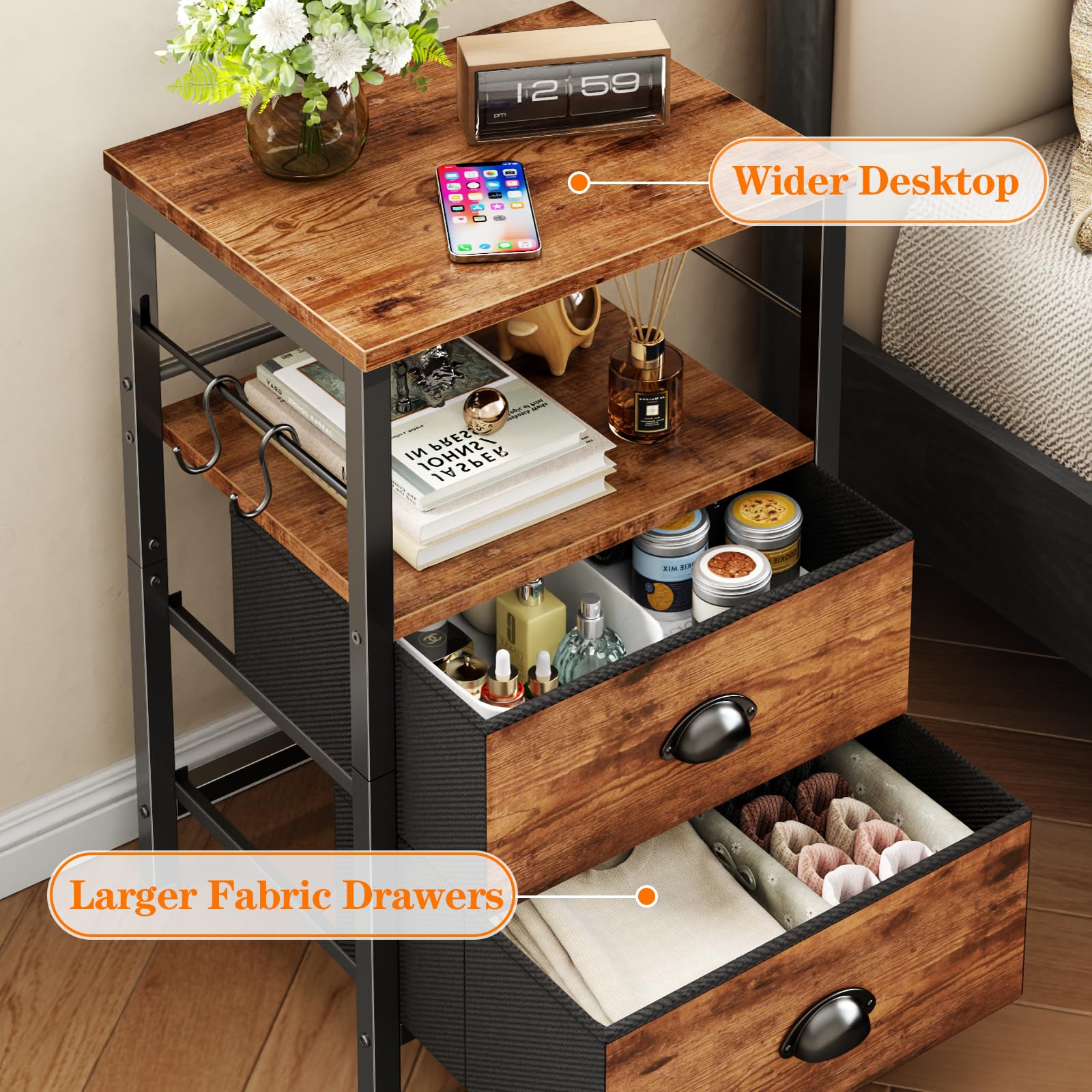 Furologee night stand close-up showing sturdy frame and side hooks for extra storage.