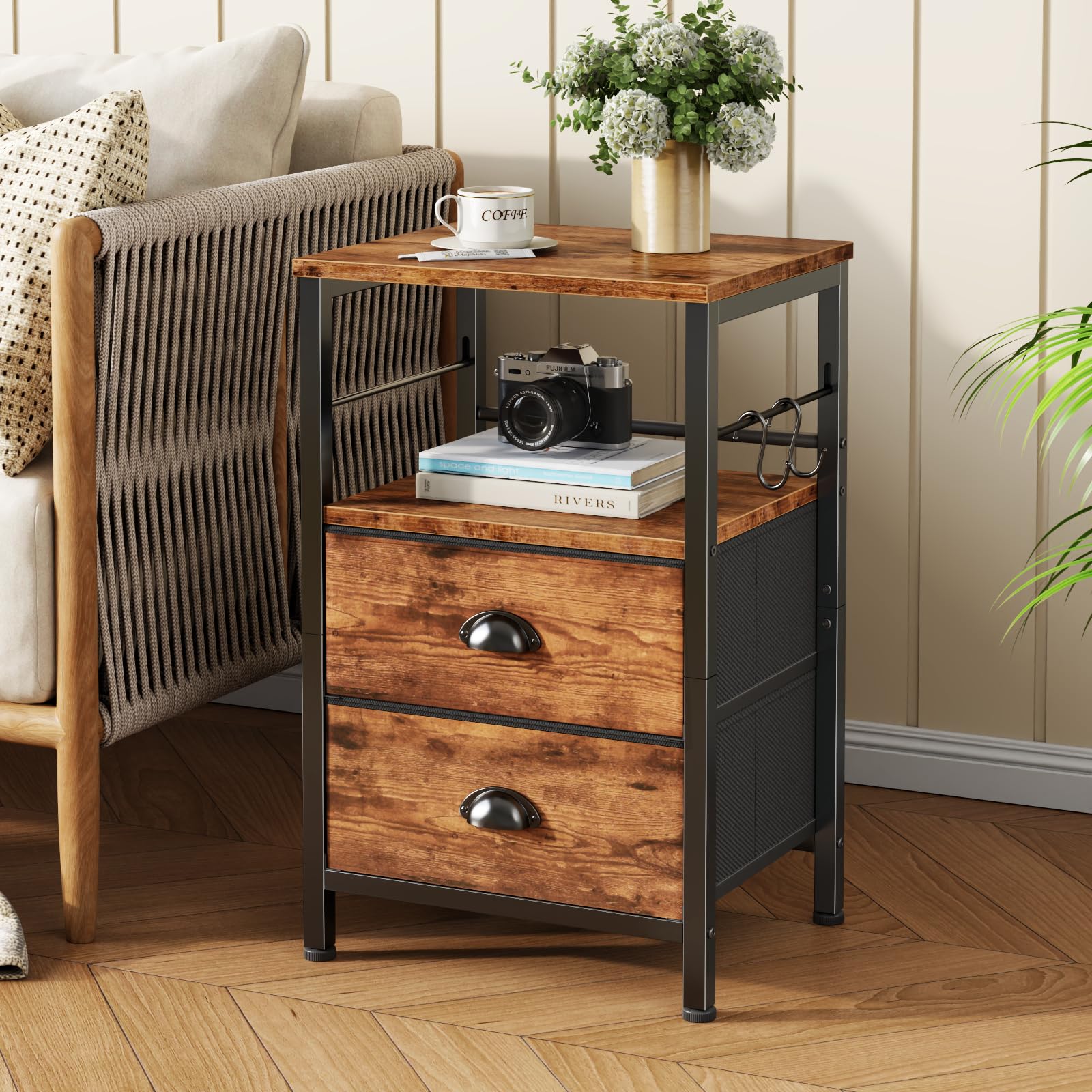 Furologee night stand featuring two fabric drawers for breathable, dust-free storage.