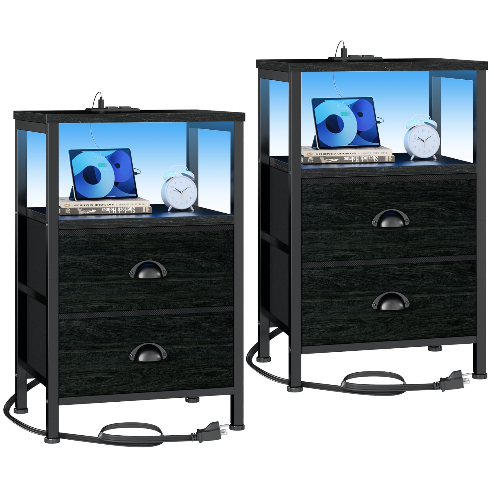 Furologee nightstands with fabric drawers and LED lighting provide organized bedside storage.
