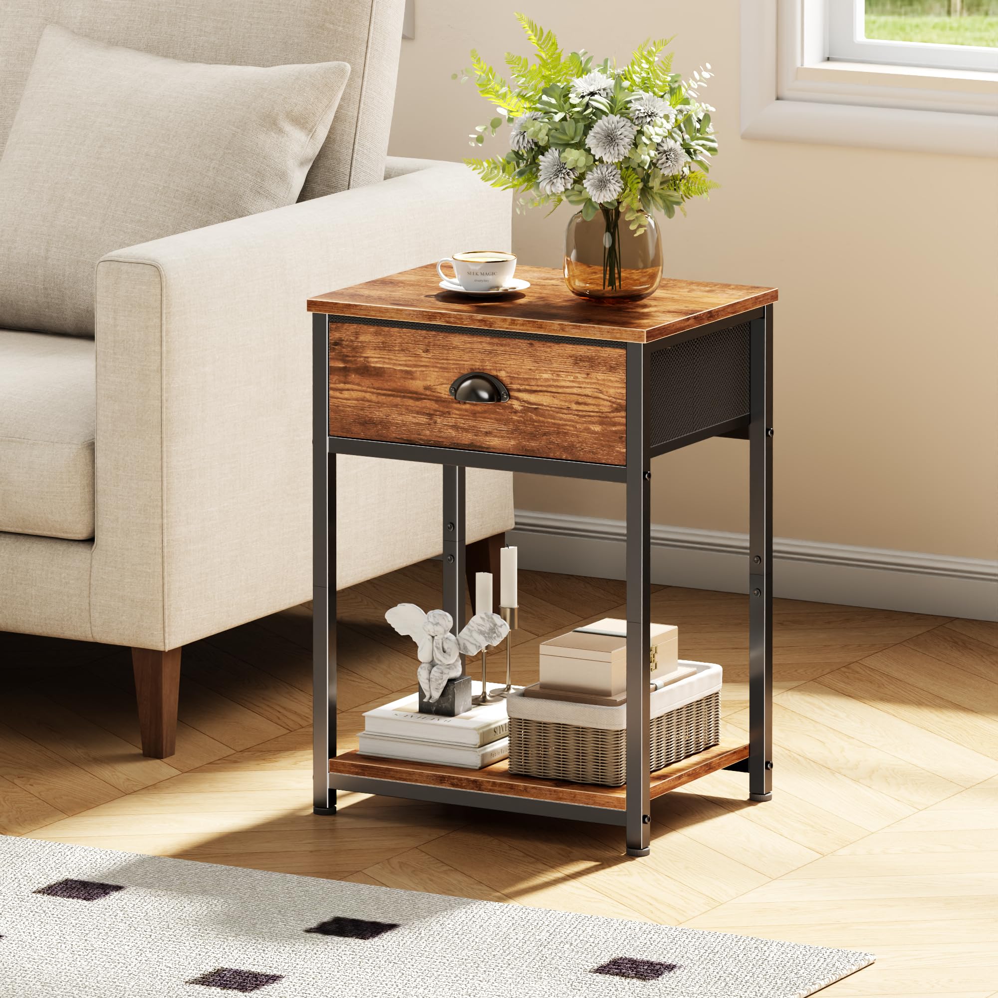 Furologee nightstand compact depth fits narrow bedrooms and tight corners.