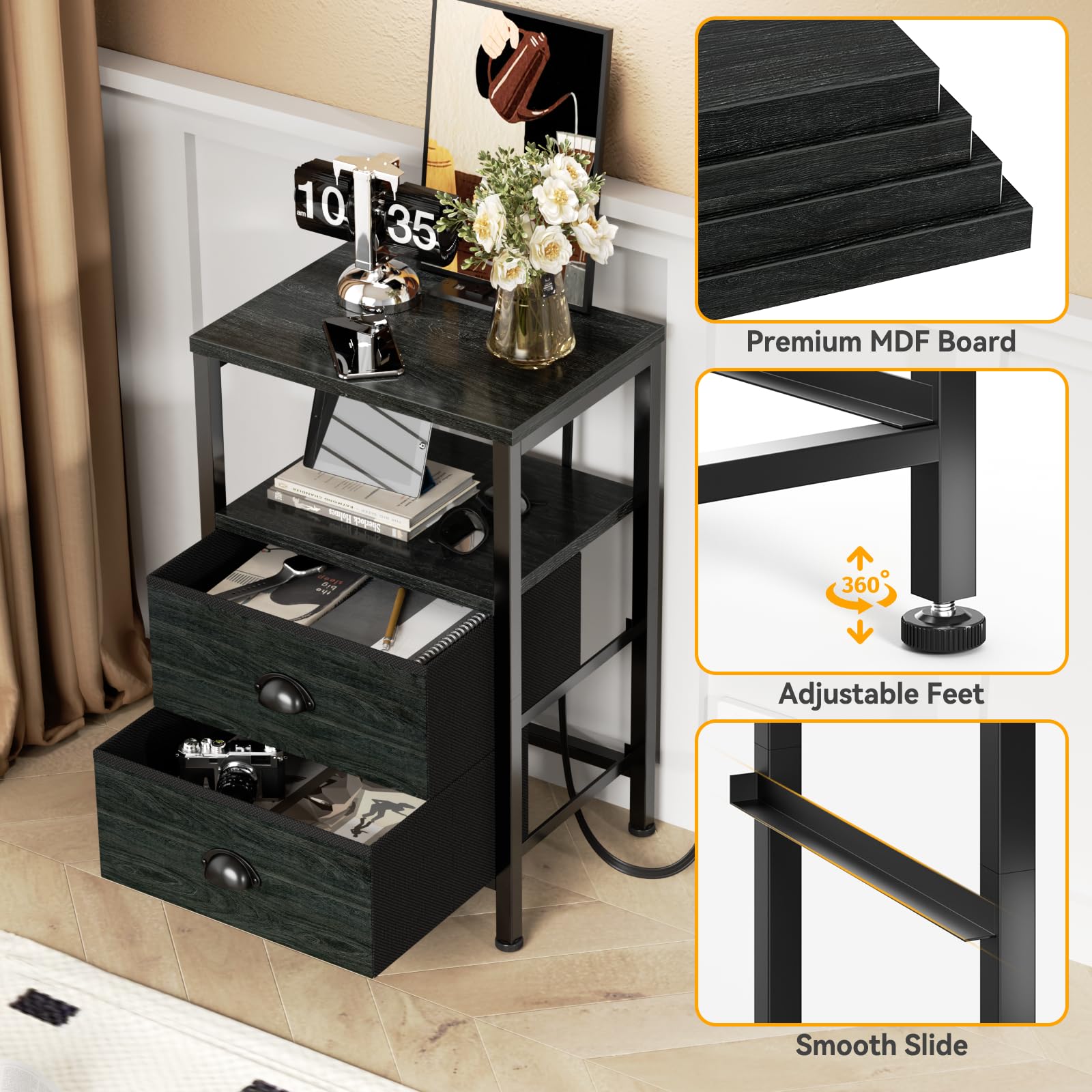 Furologee nightstands in black oak finish complement modern bedrooms.