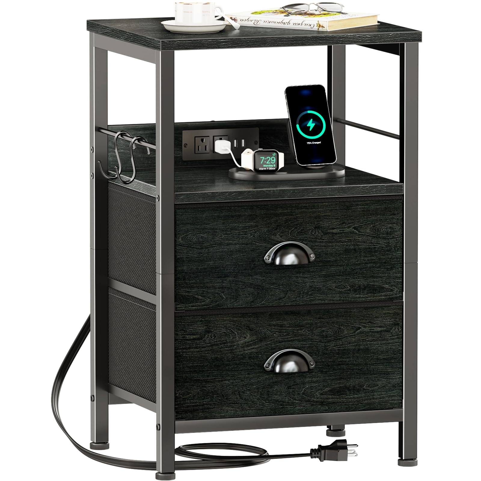 Furologee nightstand with charging station showing accessible USB outlets and power cord
