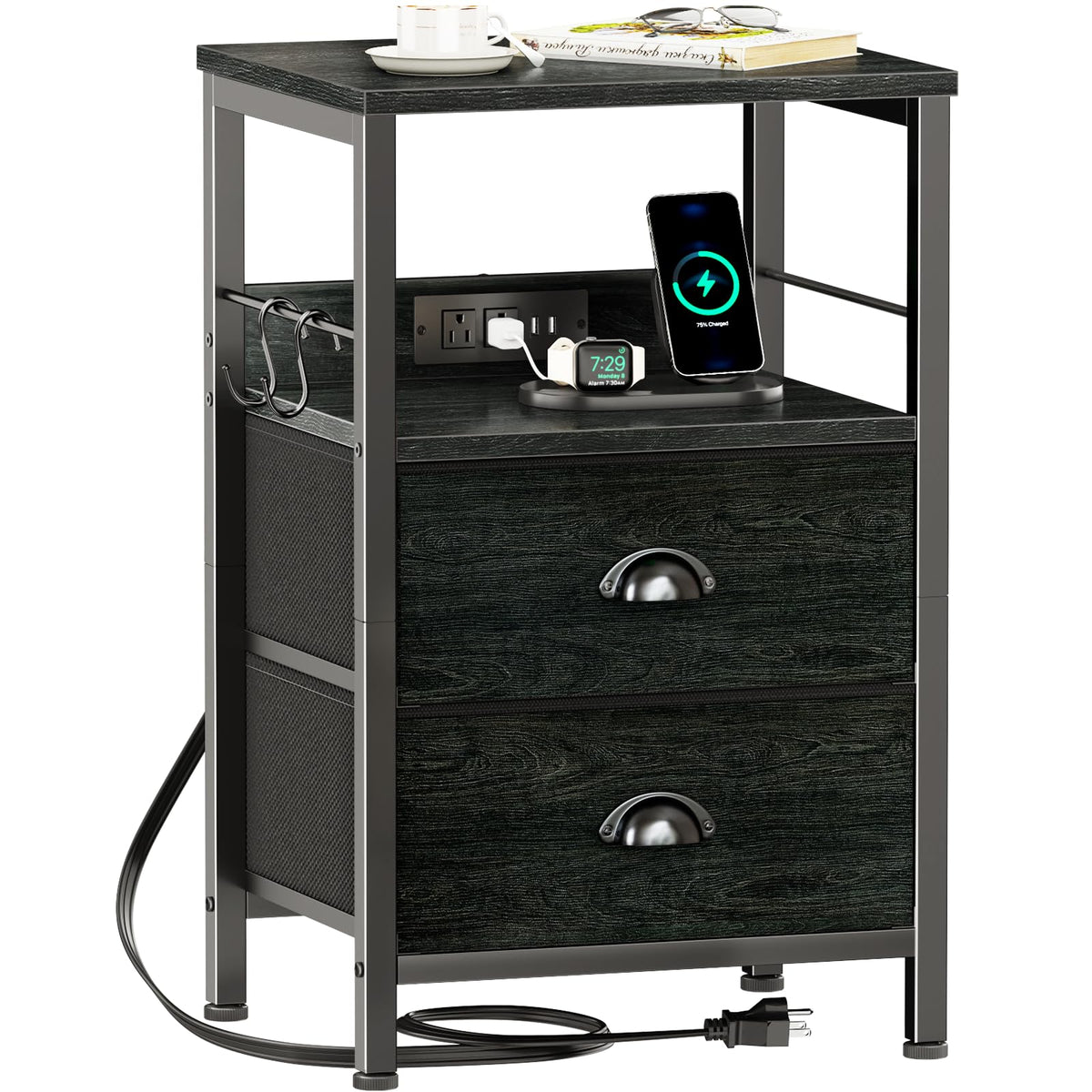Furologee nightstand with charging station showing accessible USB outlets and power cord