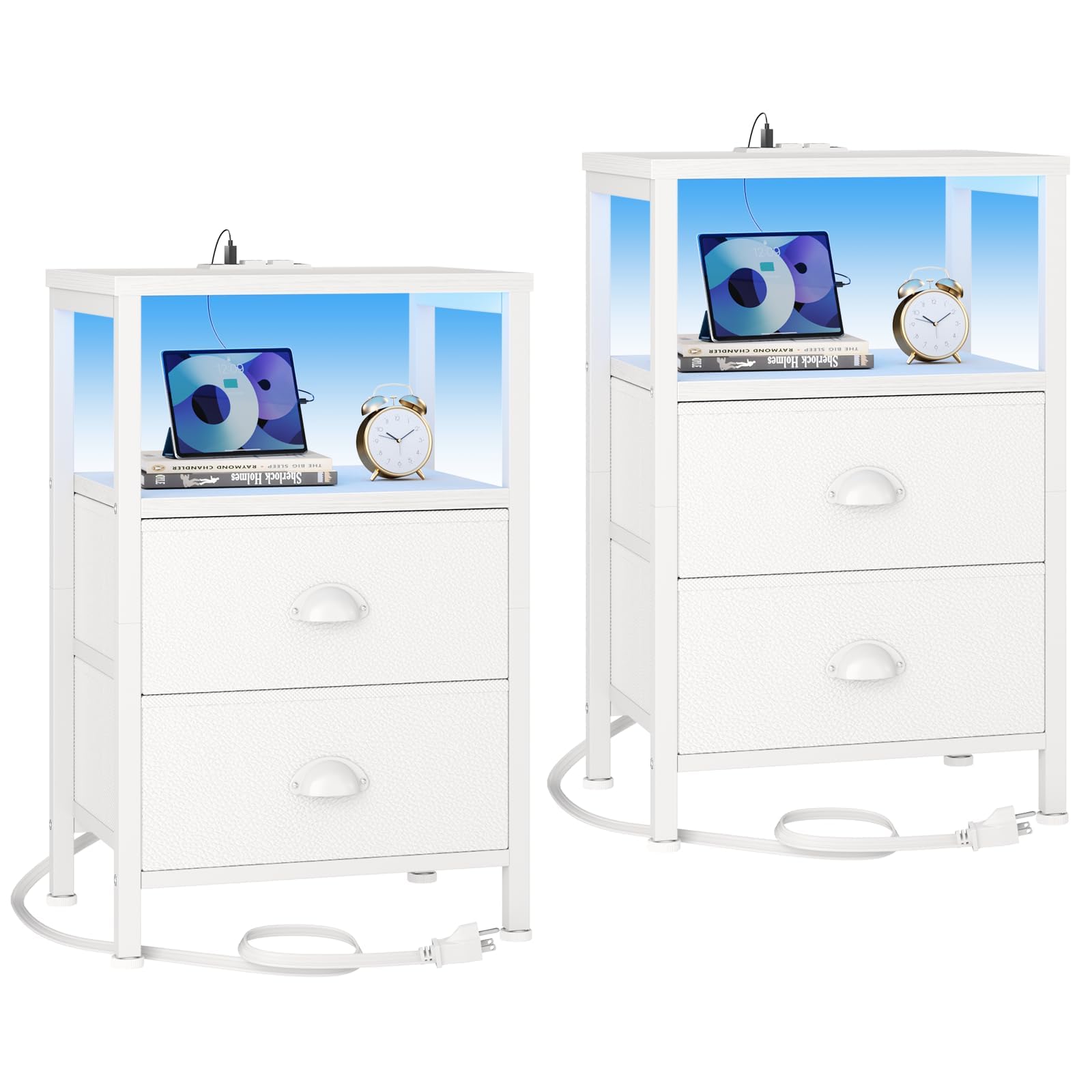 Furologee nightstand with LED lights and charging station beside a bed.