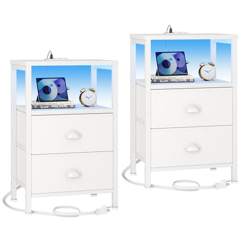 Furologee nightstand with LED lights and charging station beside a bed.