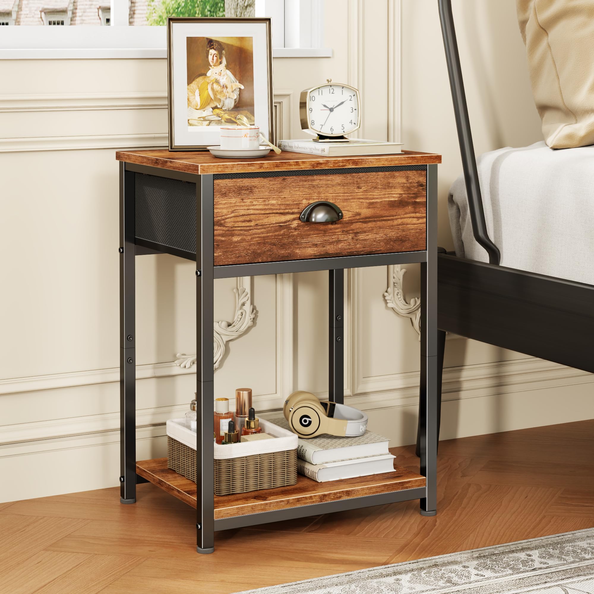 Furologee nightstand open shelves display space for photos and plants.