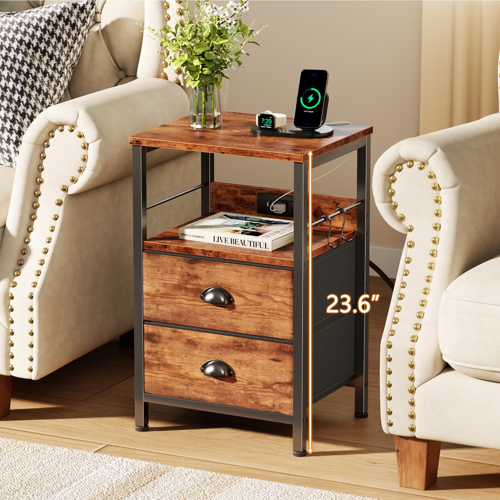 Furologee rustic brown nightstand with fabric drawers highlighting dust-free storage for everyday items