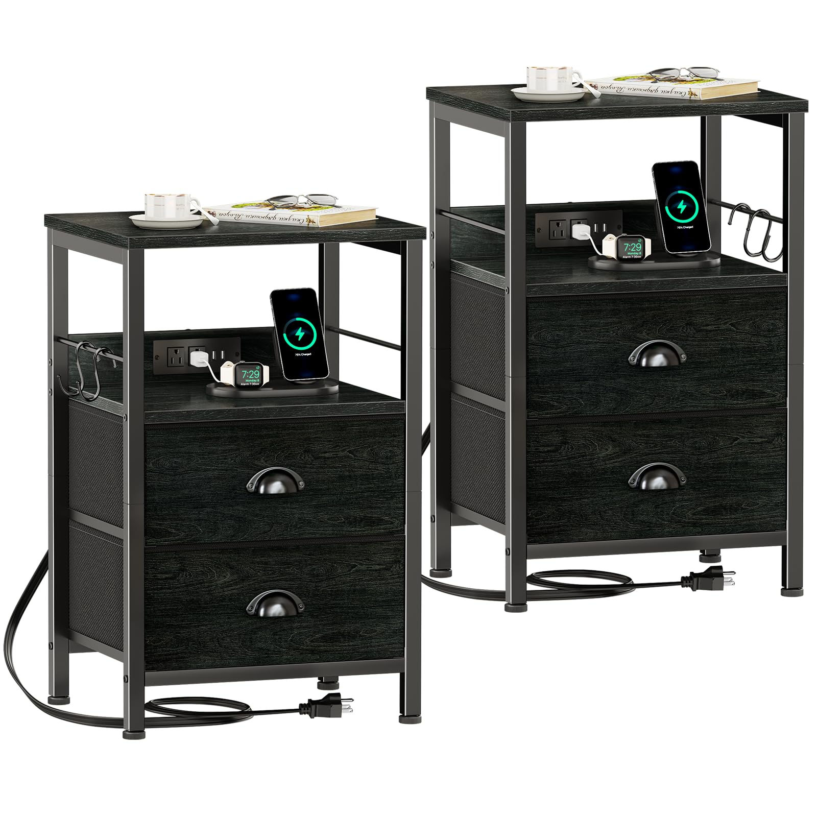 Furologee Nightstand set with black oak finish and built-in charging station.