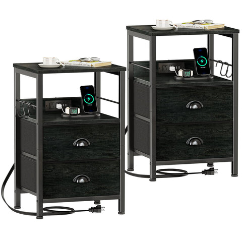 Furologee Nightstand set with black oak finish and built-in charging station.