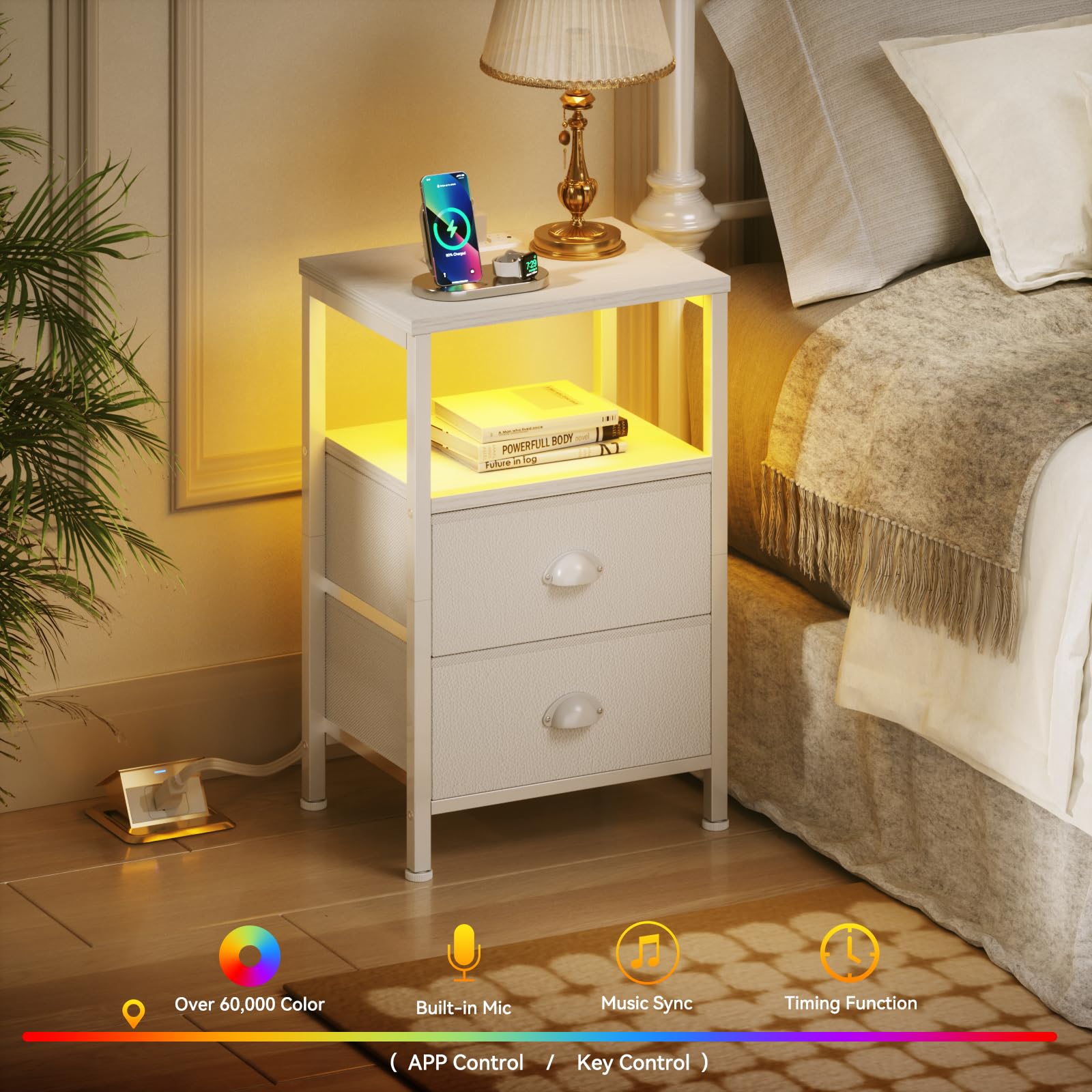 Furologee nightstand in pristine white finish complements modern bedroom decor.