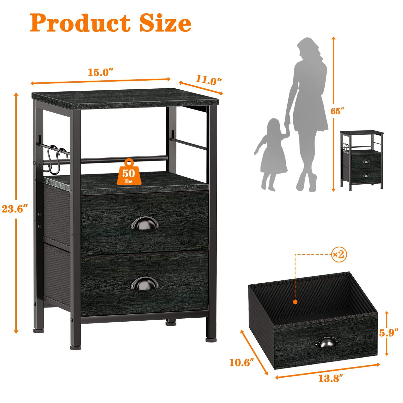 Furologee Nightstands Set 2 fabric drawers keep items breathable.