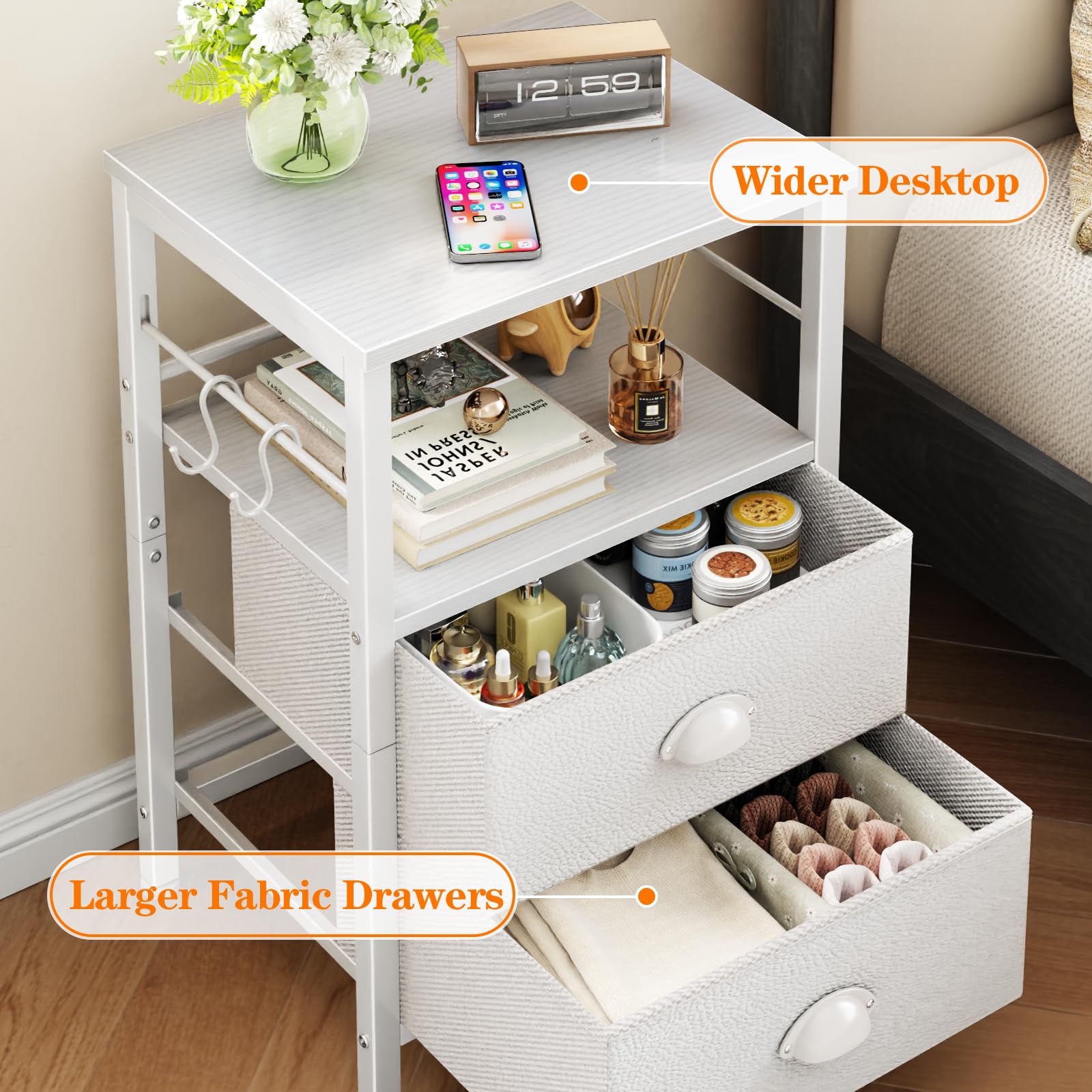 Furologee nightstands side hooks for quick hanging items.