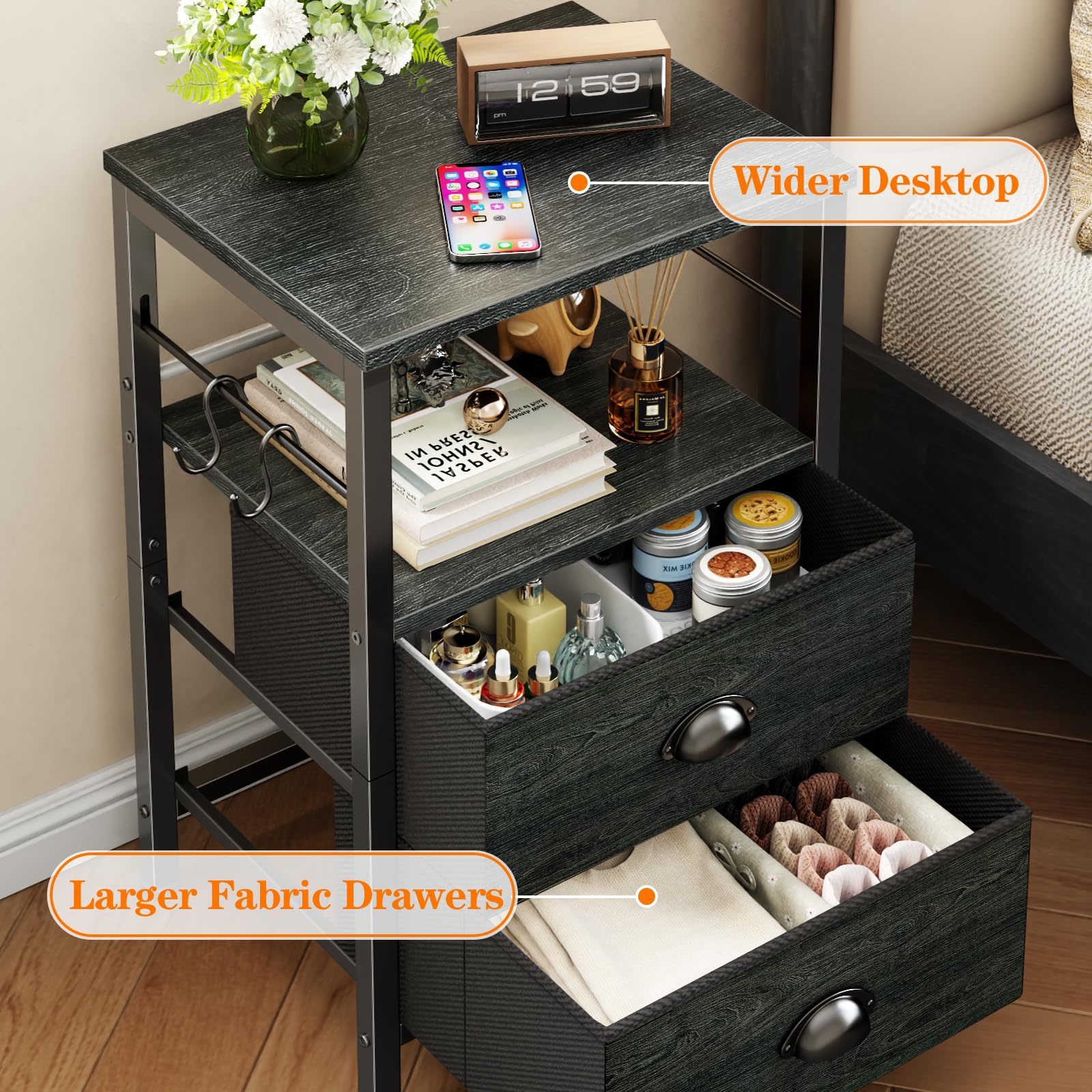 Furologee Nightstands Set 2 two S-hooks add hanging storage.
