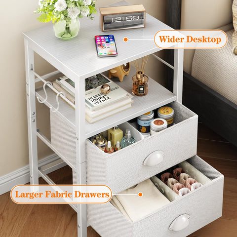 Furologee nightstands side hooks for quick hanging items.