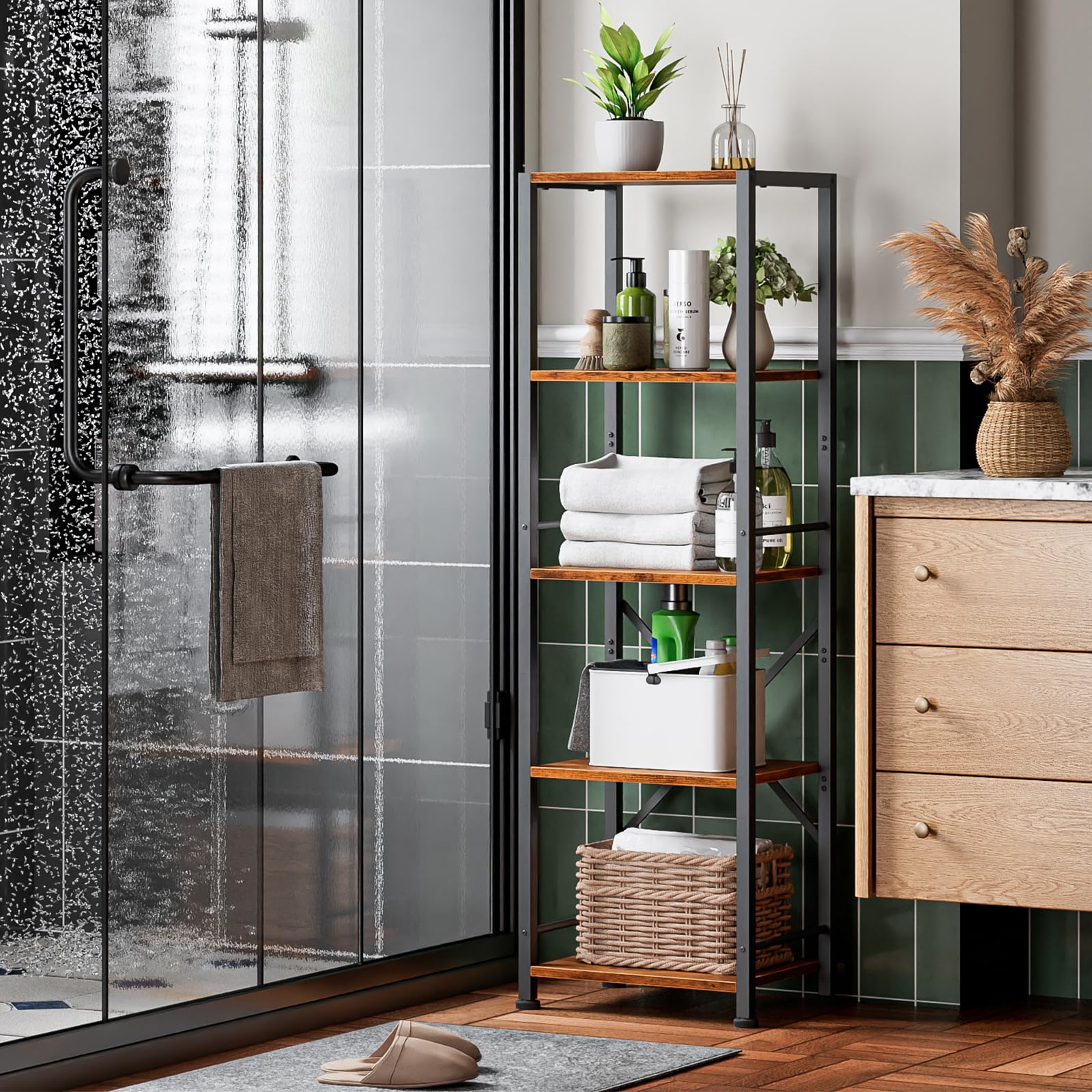 Furologee metal frame and wood panel texture close-up emphasizes rugged construction.