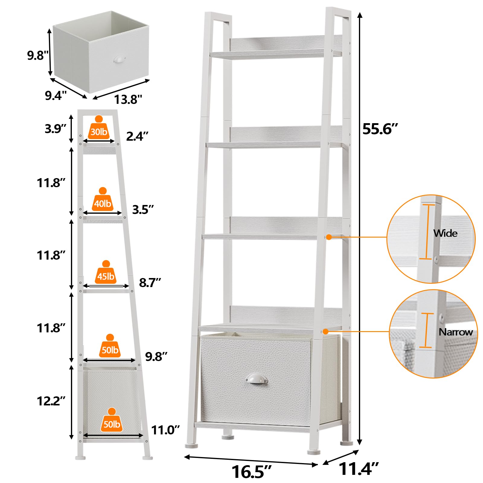 Furologee removable fabric drawer on ladder shelf for versatile storage