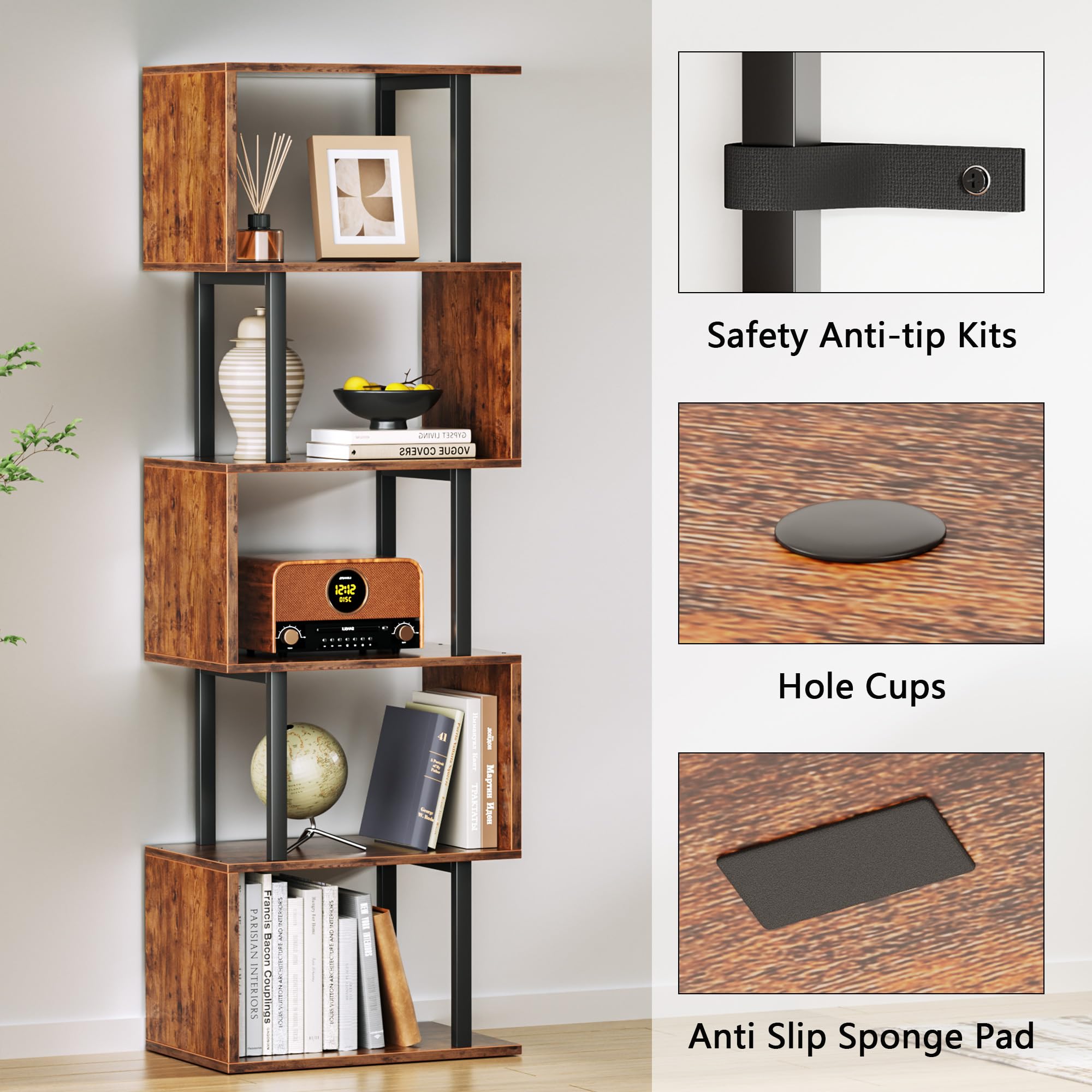 Furologee Rustic Brown finish bookcase adds warm texture to living spaces
