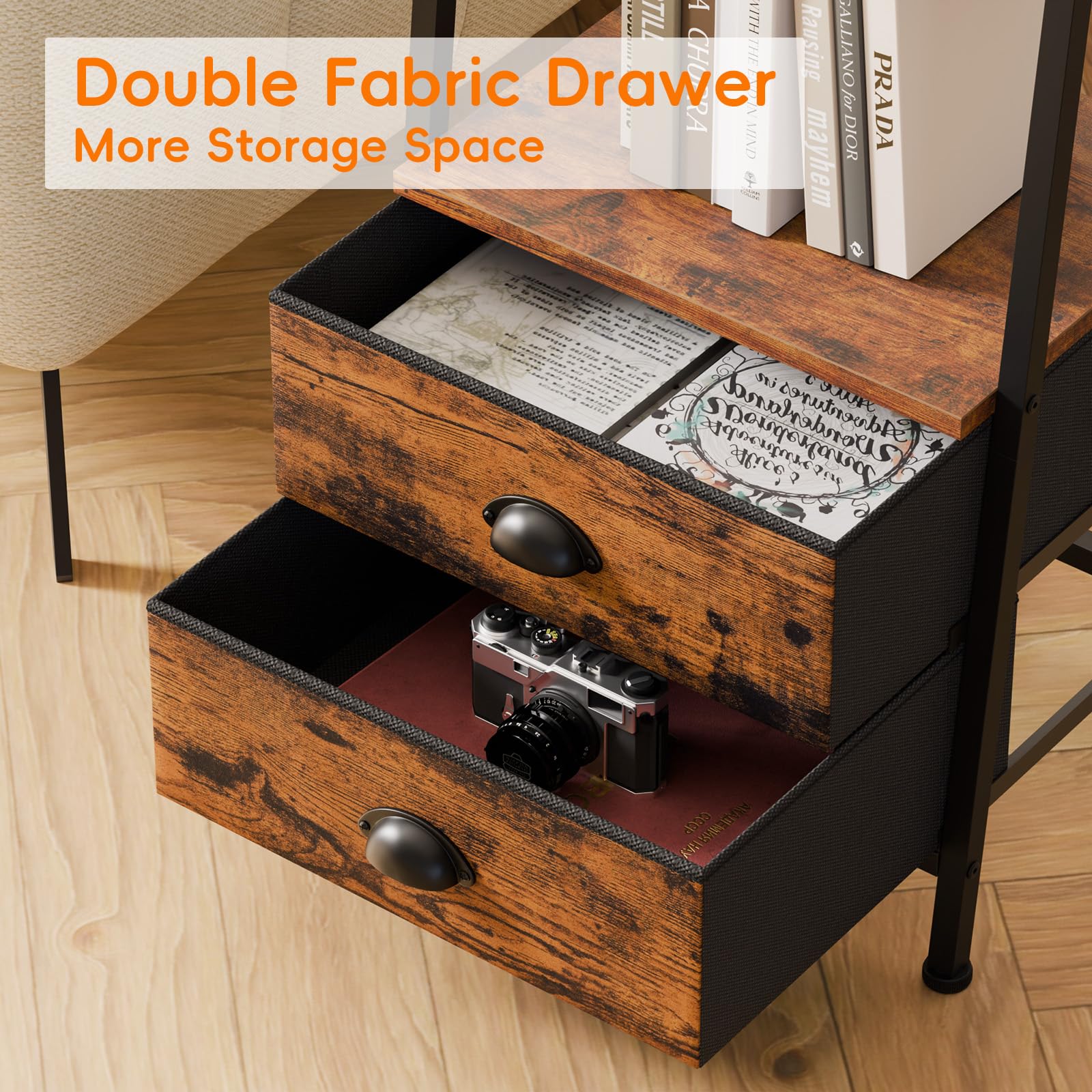 Rustic brown finish highlights warm, retro-inspired interior design.