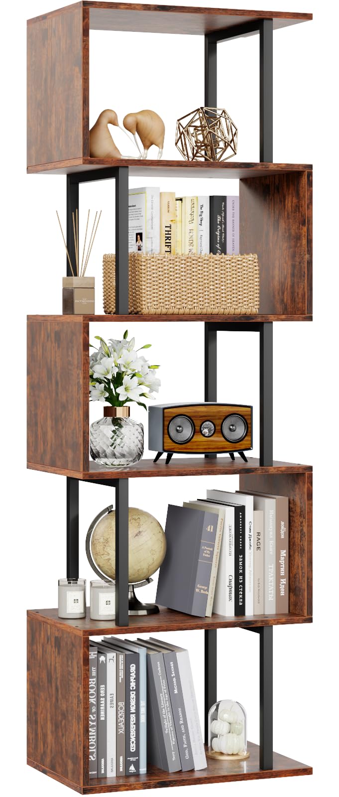 Furologee S-Shaped Bookcase detail showing organized compartments for books and decor