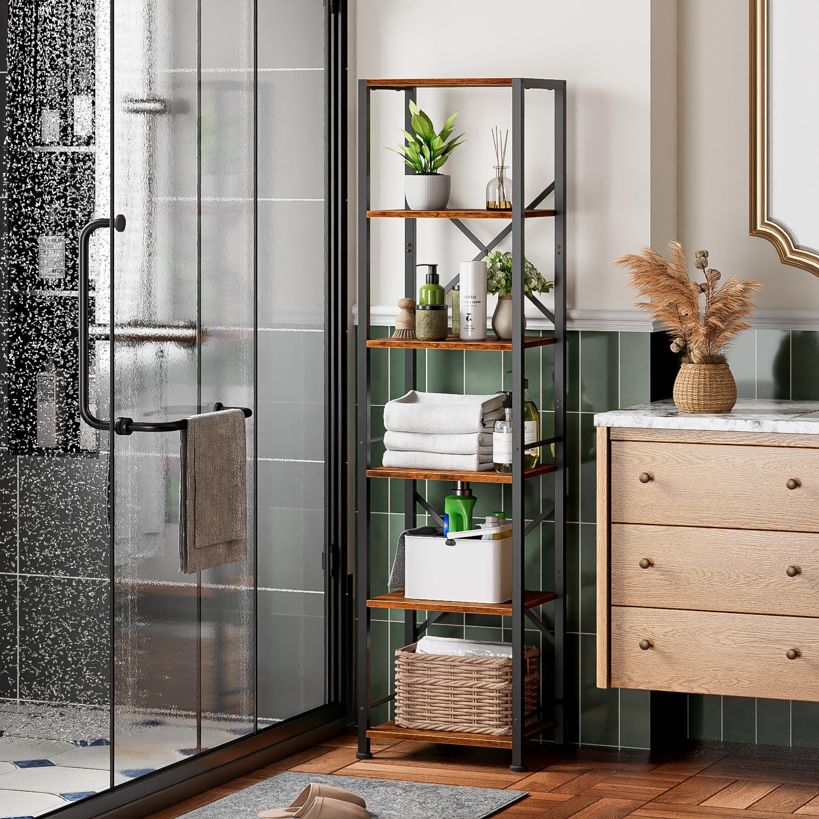 Furologee six-tier tall bookshelf compact storage fits narrow spaces.