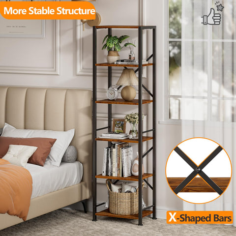 Furologee six-tier tall bookshelf close-up of frame and wood texture.