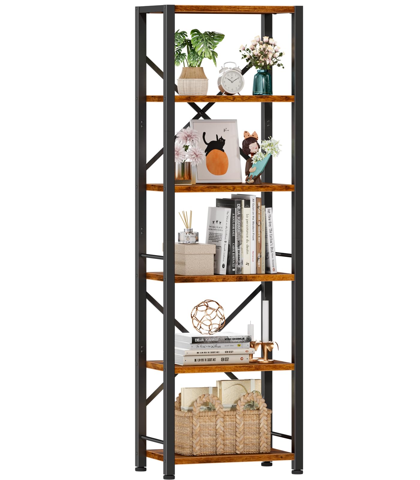 Furologee six-tier tall bookshelf front view shows slim storage for living rooms.