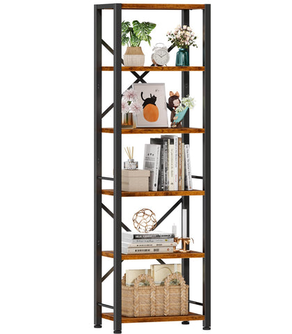 Furologee six-tier tall bookshelf front view shows slim storage for living rooms.