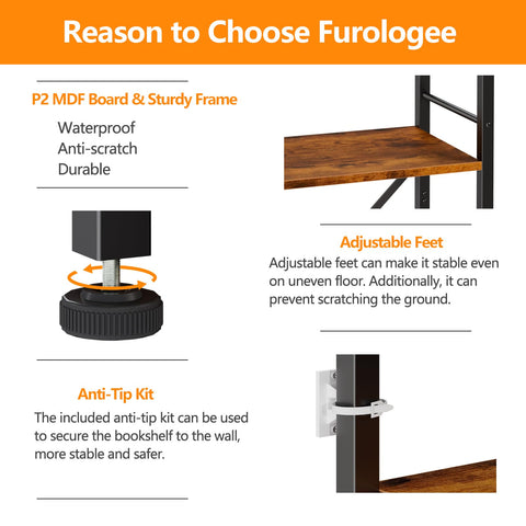 Furologee six-tier tall bookshelf full-height profile illustrates vertical storage.