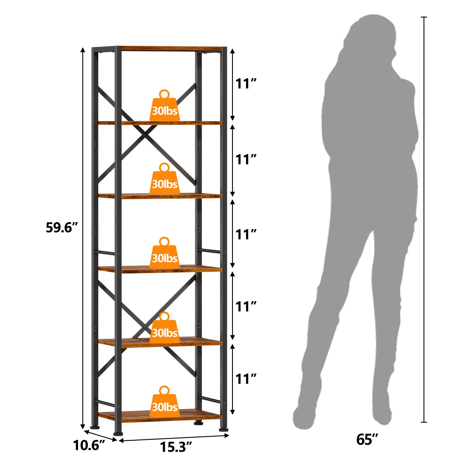 Furologee six-tier tall bookshelf side view highlights sturdy metal frame.