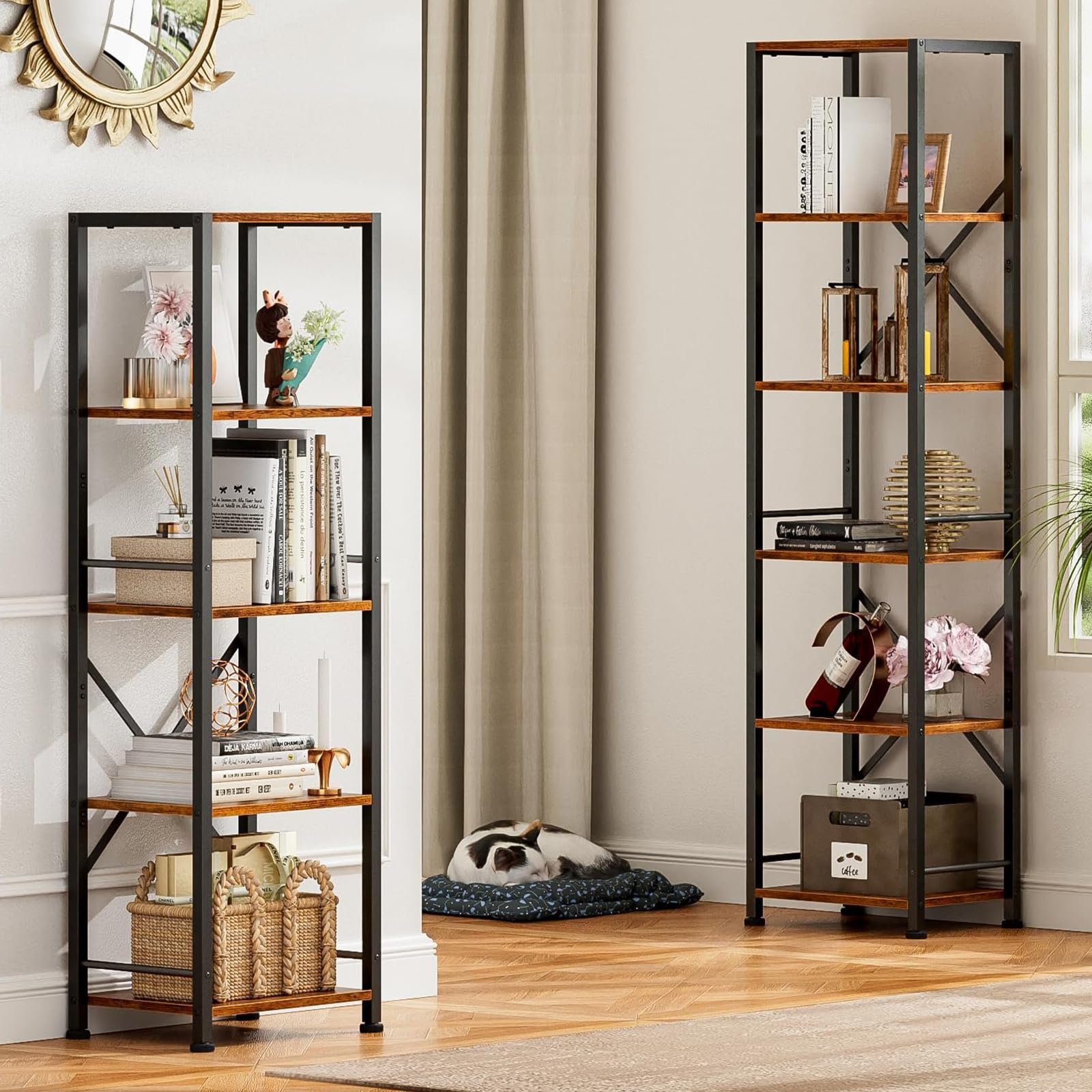 Furologee six-tier tall bookshelf wood texture surface emphasizes rustic charm.