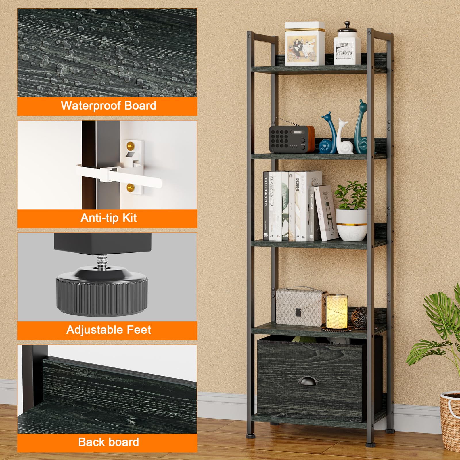Furologee slim bookcase fits narrow spaces while providing storage