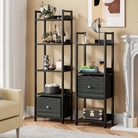 Furologee slim bookcase in living room corner saves space while displaying decor