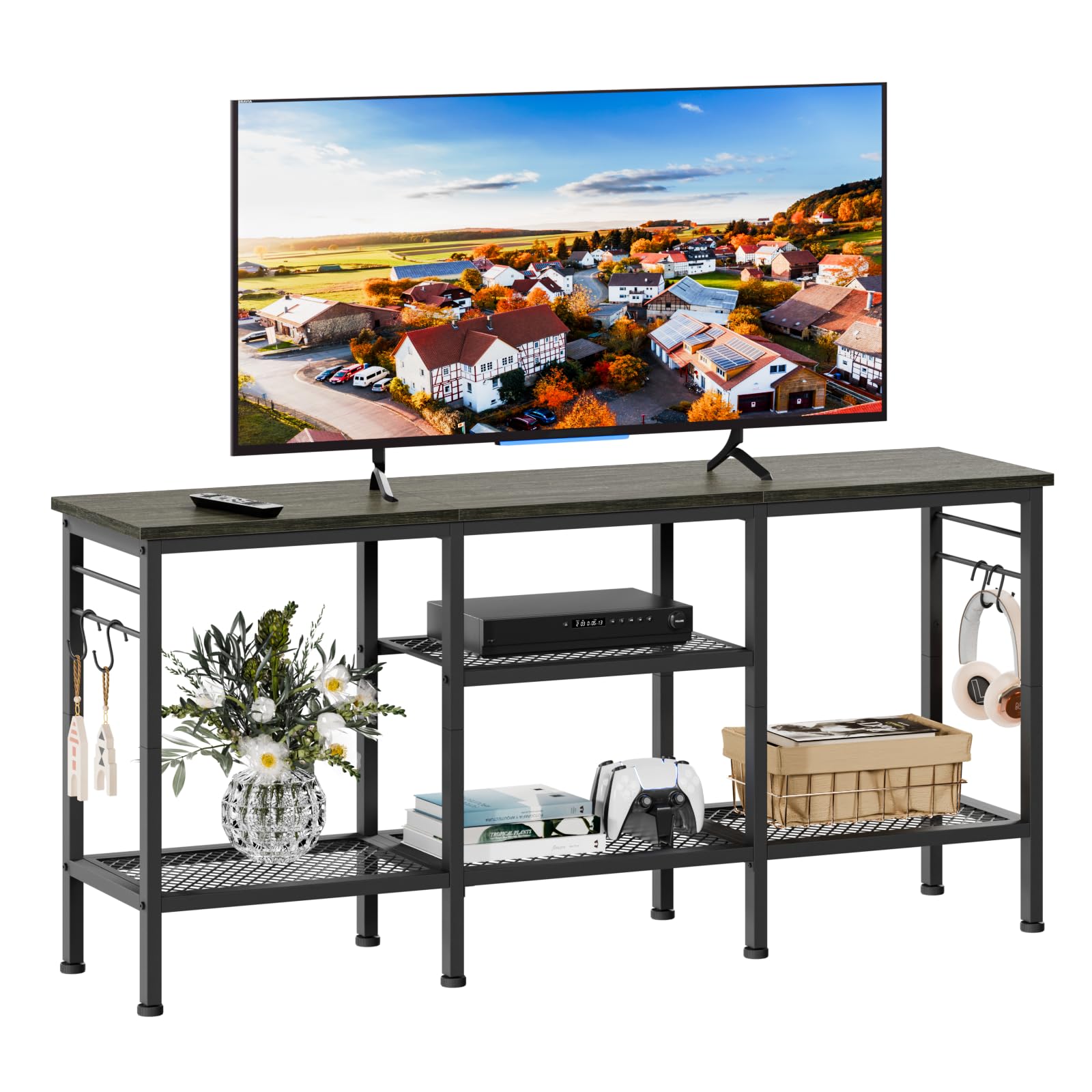 Furologee TV Stand with open mesh shelves for organized media equipment.