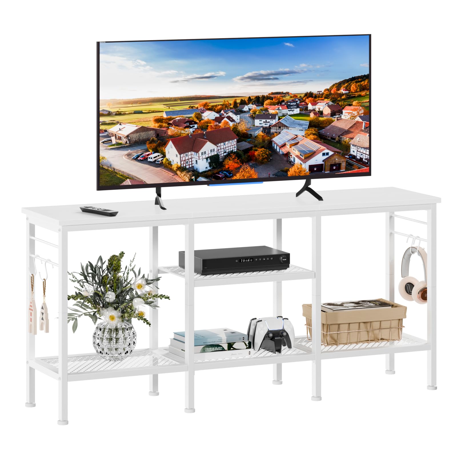 Furologee TV stand with open shelves for organized media gear in a living room.