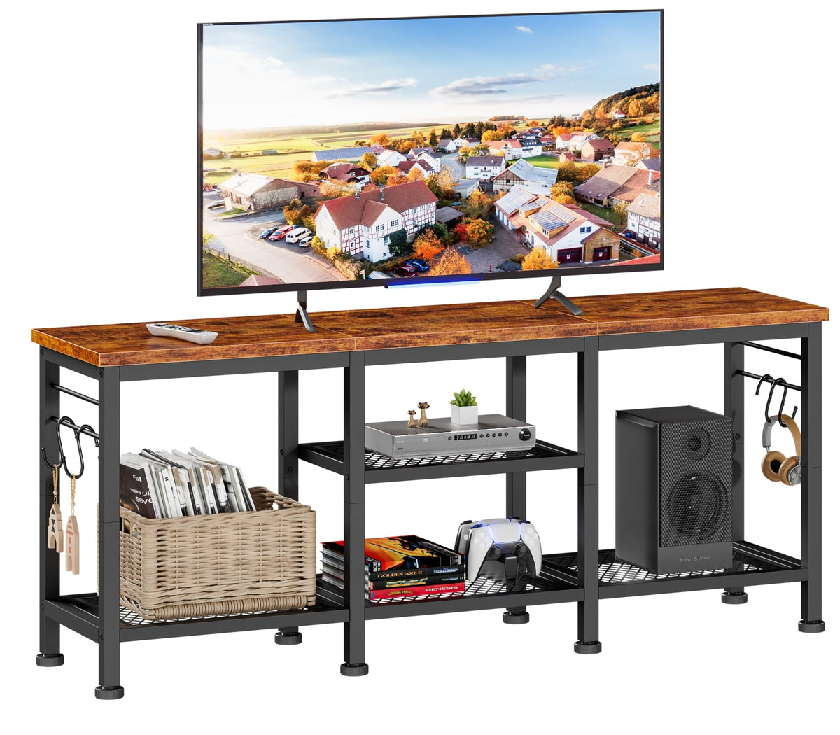 Furologee TV Stand 55-Inch offers sturdy support and a rustic finish for a clean living room media setup.
