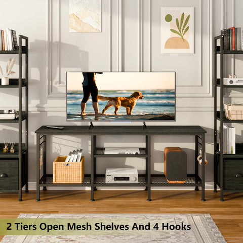 Furologee TV Stand in black oak wood grain with rustic-modern styling.