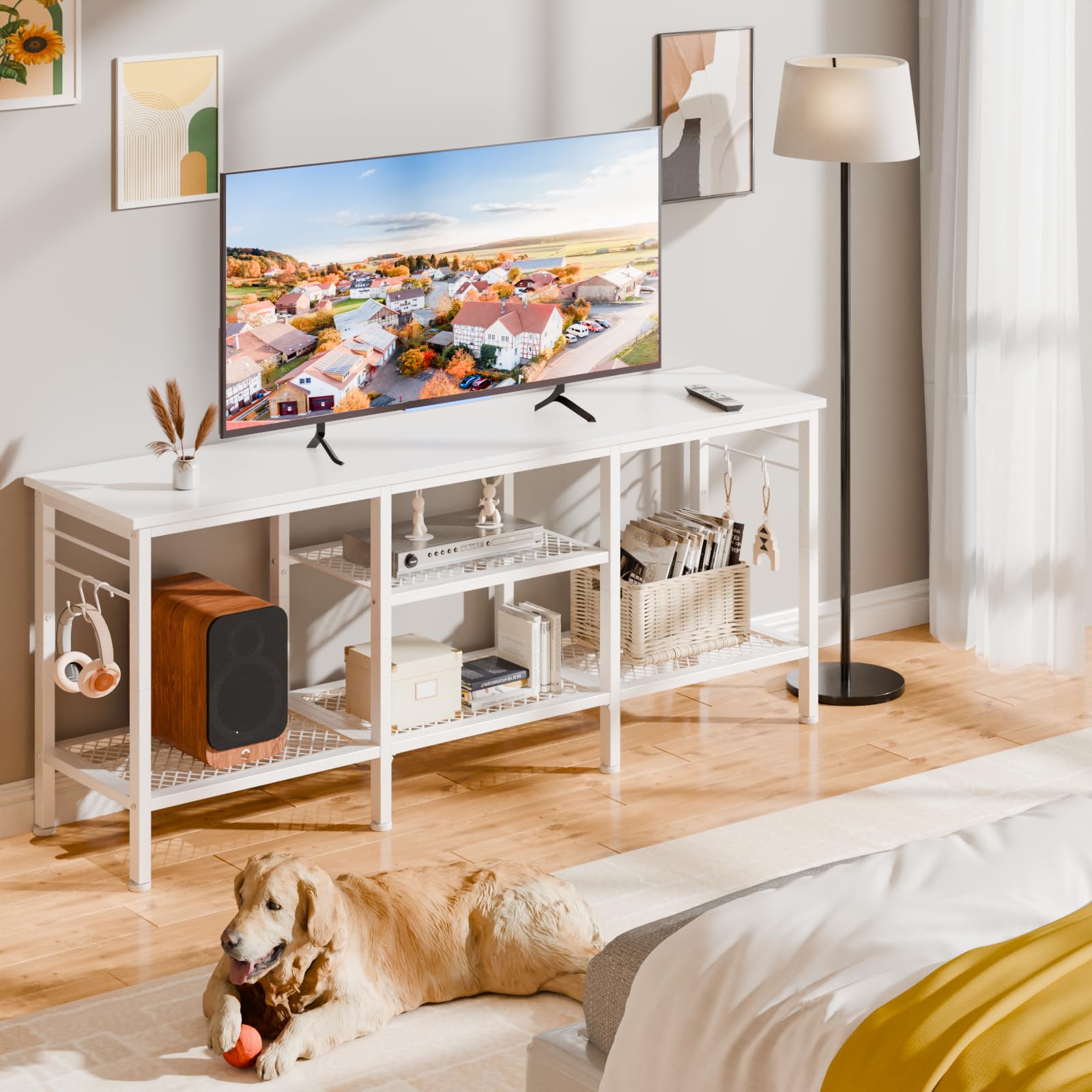 Furologee TV stand demonstrates tidy cable management and accessibility.