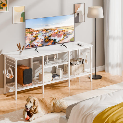Furologee TV stand demonstrates tidy cable management and accessibility.